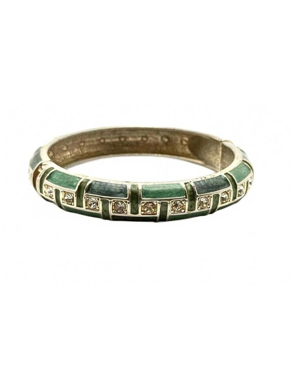 Green Enamel Hinged Bangle Bracelet w/ Rhinestones – Gold Tone – Vintage Style